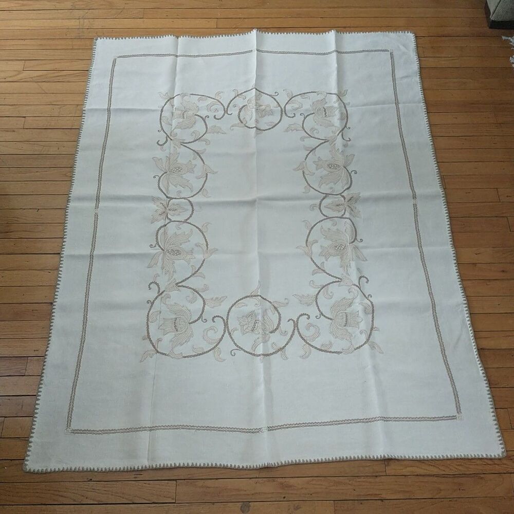 Vtg Large Tablecloth Floral Hand Embroidered White Tan Neutral Rectangle 51x66"